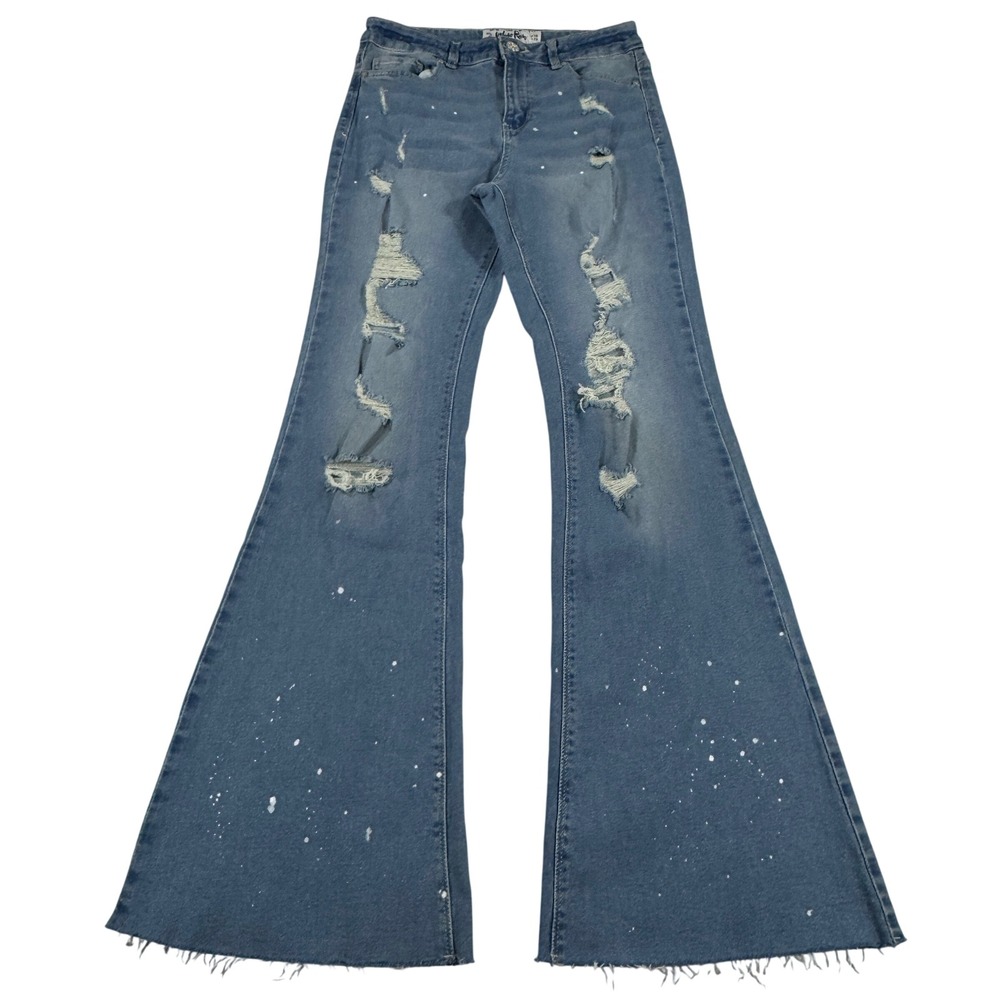 Y2K Indigo Rein Distressed Flare Jeans Paint Splatter Bell Bottoms Size 9/28